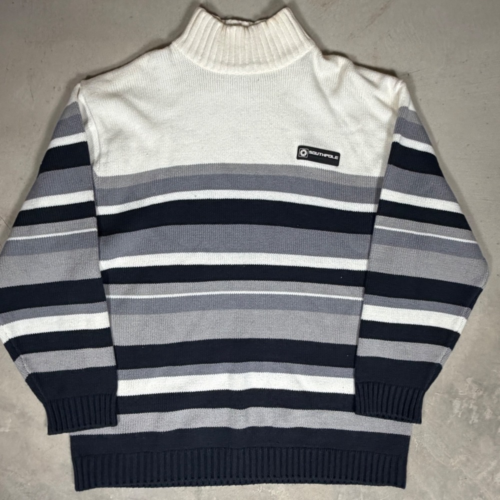 Vintage Southpole Striped Mock Neck‎ Sweater Mens XL White Grey Navy Blue Knit